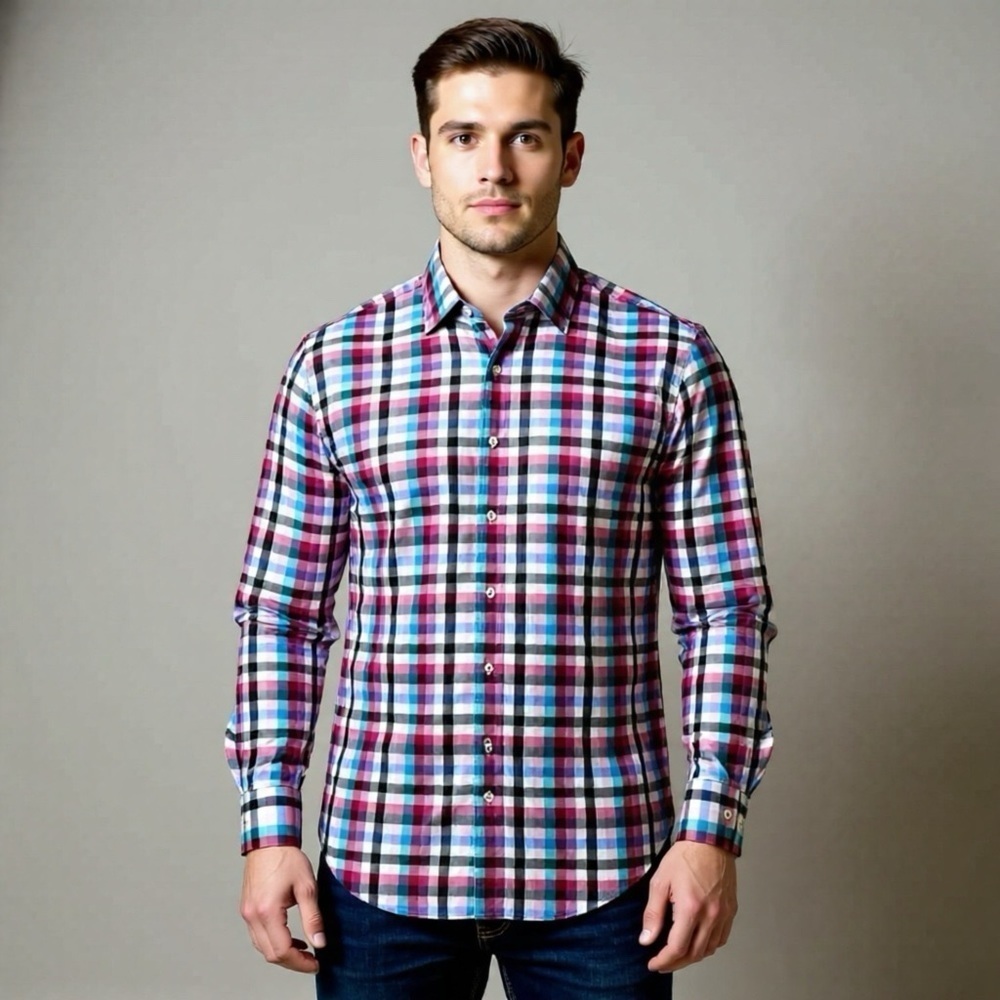 Peter Millar Long Sleeve Shirt Mens Medium Blue Pink Plaid 100% Cotton